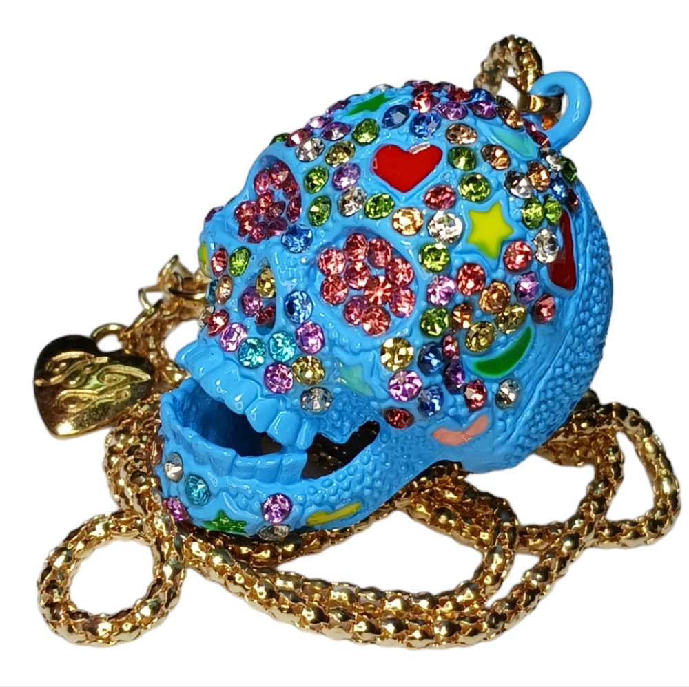 Sugar Skull Pendant BJ Necklace with Colorful Rhinestone Crystals
